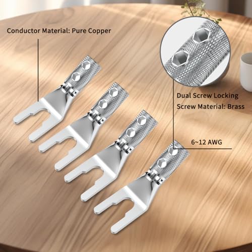 4PCS Spade Connector,45 Degree Pure Copper Audio Fork Y Spade Plug DIY with Heat Shrink Tubing and Hex Wrench,Double Screw Locking Speaker Cable Plug for Speaker Cables (Knurled Rhodium Plated) - color: Rhodium Plated Knurled Style