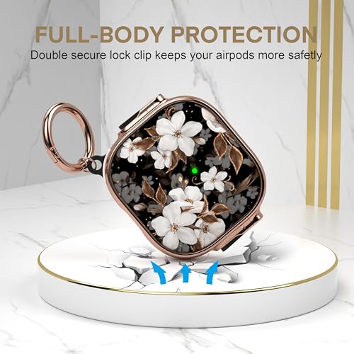 for AirPods 4 Case with Safety Lock, Magsafe Compatible, Flower | Double Secure Lock,Drop Protection,Two-Piece Design,with Gold Keychain, Anti Lost, Dustproof, Cute AirPod 4 Case - color: Black + White, size: AirPods 4 Case