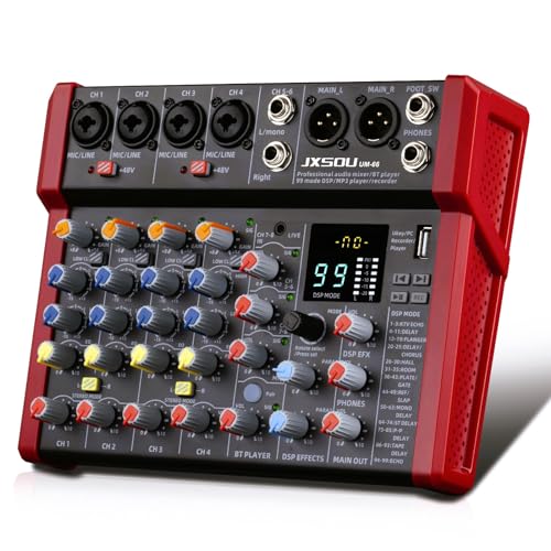 8-Channel Audio Mixer with 99 DSP Effects and 48V Phantom Power | DJ sound board mixer with Bluetooth, USB, XLR input, and stereo mixing for karaoke, studio, PC recording, and live use.