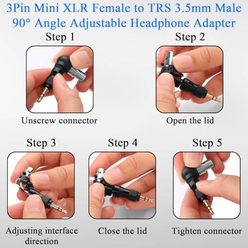 QIANRENON Adjustable 90° Angle Mini XLR to 1/8 Mic Connector Gold Plated 3Pin Mini XLR Female to Locking TRS 3.5mm Male Right Angle Adapter Mi-ni x-lr Direction changeable, for Sports Headphone Camera