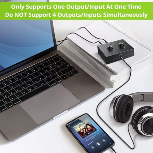 LiNKFOR 4 Port 3.5mm Stereo Audio Switch, 4 Way Stereo Audio Selector, 4 Input 1 Output / 1 Input 4 Output Audio Splitter with Volume Control and 4 Channel Switch Knob - size: 4 Ports 3.5mm