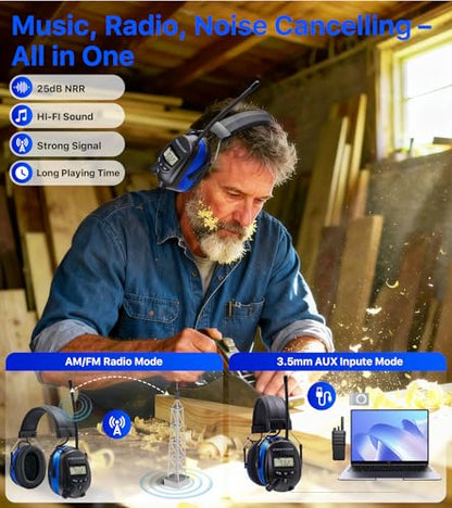 Digital AM FM Radio Headphones, Hearing Protection Earmuff for Adult, 30dB SNR for Mowing, Construction, Chainsaw - color: Am Fm Radio + Battery + Blue