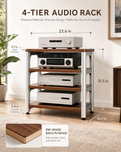 4-Tier HiFi Audio Rack, Adjustable AV Stand for Stereo Equipment | 110 lbs Per Shelf Open Cooling Design Metal Support Columns Rubber Feet Fits Amplifier, Receiver, Turntable & CD Player - size: 4-tier
