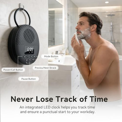 AGPTEK Bluetooth 5.4 Shower Radio Speaker, Waterproof Bathroom FM Radio | 12H Long Playback Time, Suction Cup & Lanyard, LCD Screen Display, Handsfree Calling, Storage Card Playback (Black)