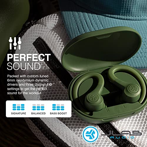 JLab Go Air Sport, Wireless Workout Earbuds Featuring C3 Clear Calling, Secure Earhook Sport Design, 32+ Hour Bluetooth Playtime, and 3 EQ Sound Settings (Green) | Wireless Sports Headphones, EQ3 Sound Sweatproof Sports Earphone, Wireless Headphones - col