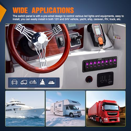 Nilight 8 Gang Rocker Switch Panel w/Purple LED Light 5Pin On Off Pre-Wired | Aluminum Toggle Switches Waterproof for 12V/24V Cars Marine Boats ATVs Trailers RV Trucks - color: Purple, size: 8 Gang