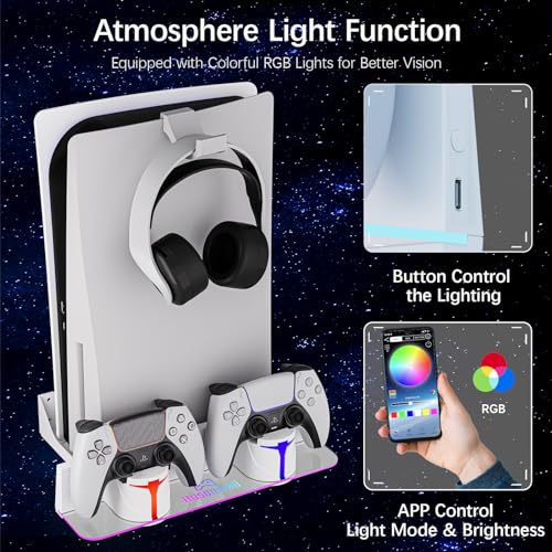 PS5 Wall Mount Kit with Charging Station, Compatible with PlayStation 5/Slim/Pro Disc & Digital Version, Dual Use Charging Station with Multi-Mode RGB Light, White