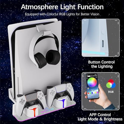 PS5 Wall Mount Kit with Charging Station, Compatible with PlayStation 5/Slim/Pro Disc & Digital Version, Dual Use Charging Station with Multi-Mode RGB Light, White