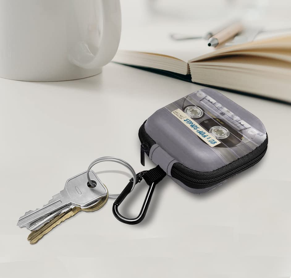 WIRESTER Portable Wireless Headphone Case, Earphone Storage Bag Carrying Case, Earbud Holder with Black Carabiner Compatible with Airpods - Retro Clear Cassette Tape Pop Songs - color: Retro Clear Cassette Tape Pop Songs