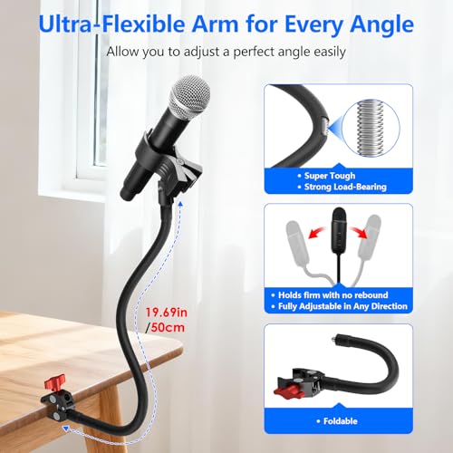 Gooseneck Microphone Stand, 19.69" Adjustable Mic Clip with 3/8" to 5/8" Adapter, Heavy Duty Metal Super Crab Desk & Pole Clamp Mic Holder Compatible with Shure/Fifine/AT2020/Pyle/Blue Snowball/Razer