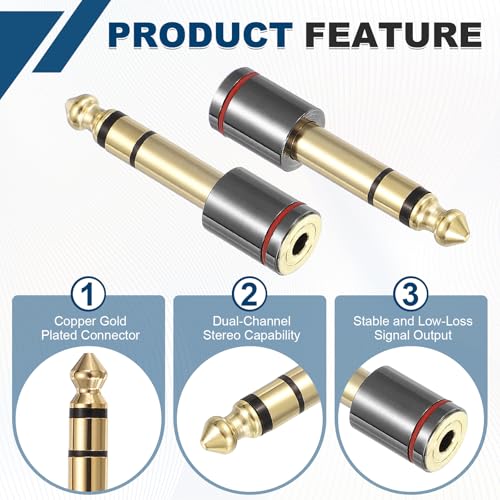 MECCANIXITY 2Pcs TRS 6.35mm Male to 3.5mm Female 1/4" Plug to 1/8" Gray | Stereo Headphone Adapter, Jack, Audio Converter, Pure Copper, Gold Plated, for Guitars Speakers Computers