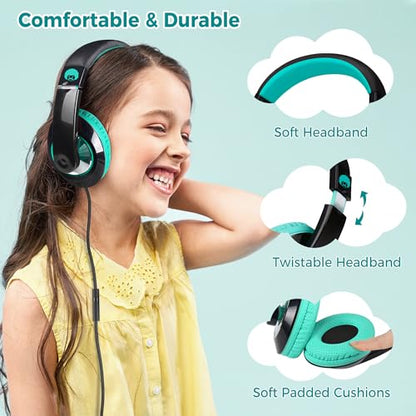 rockpapa Comfort+ Kids Headphones with Microphone, Boys Girls Student Over-Ear Headphones Wired Foldable for School Classroom Laptop PC Computer Tablet Black Teal - color: Teal