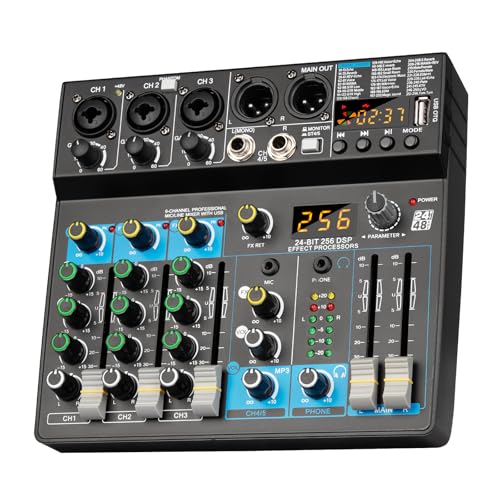 Depusheng Professional Audio Mixer Digital FX 256-Bit DSP USB Bluetooth MP3 Computer DJ Mixer 5 Channel input Interface with 48V Phantom Power for PC recording Live Streaming, Podcasting, Karaok