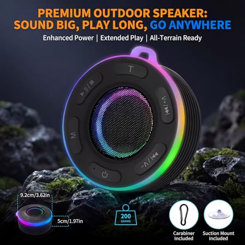Portable Bluetooth Shower Speaker with Waterproof,Stereo,LED Light | Over 10H Playtime,Built-in Micro,Suction Cup&Hook,for Outdoor,Kitchen,Kayak,Beach,Camping,Gifts for Unisex