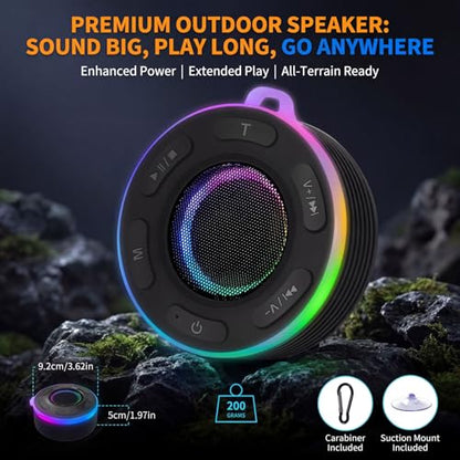 Portable Bluetooth Shower Speaker with Waterproof,Stereo,LED Light | Over 10H Playtime,Built-in Micro,Suction Cup&Hook,for Outdoor,Kitchen,Kayak,Beach,Camping,Gifts for Unisex
