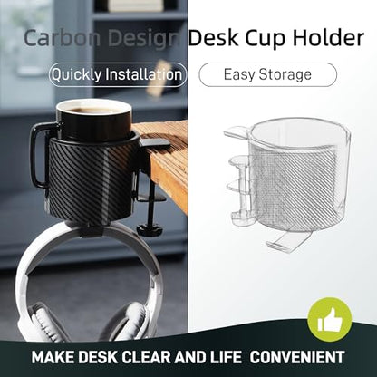 Luxury 2-in-1 Anti-Spill Cup Holder with Under Desk Headphone Hanger (Racing Carbon Edition) | MULTI-SCENE USE — Works on office cubicles, gaming desks, dorm tables, and outdoor camping setups - color: RACING CARBON EDITION