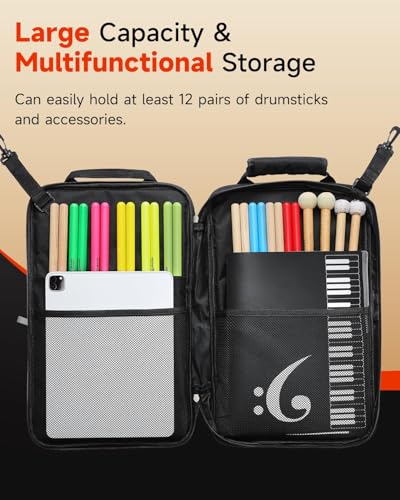 Donner Drumstick Backpack Bag, Large Capacity Padded Double Shoulder Straps for all Drum Accessories, Holds up to 12 Pairs of Drumsticks