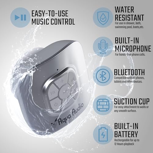 Shower Speaker Bluetooth Waterproof with Suction Cup - 10 Hours Playtime/Built-in Mic (Silver)