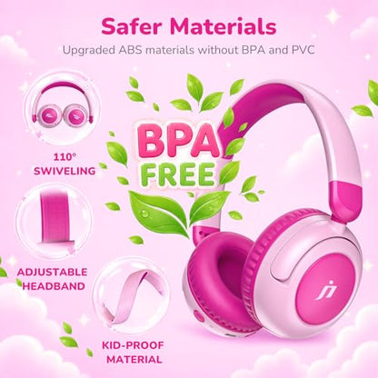 B8 Kids Bluetooth Headphones, Over-Ear Wireless Headphones with Mic, Bluetooth 5.4, 85/94dB Safe Volume Limit, 80H Playtime, USB-C, Foldable Headphones for Kids, School, Travel, Tablet, iPad