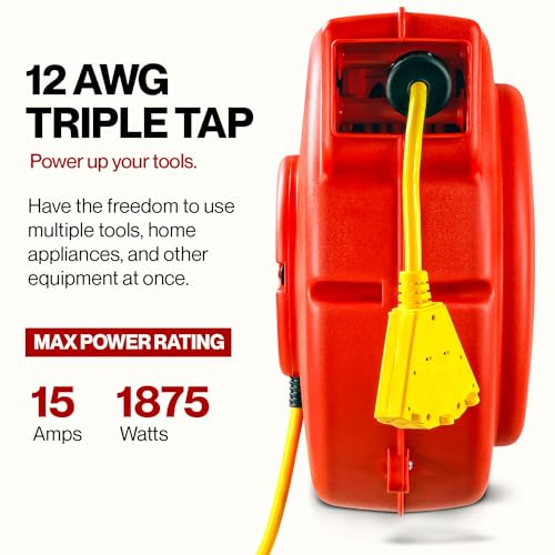 ReelWorks Extension Cord Reel Retractable 12AWG x 65' Foot | 3C/SJT Heavy Duty Commercial Cable Triple Tap Connector Power 15A 125VAC 1875W