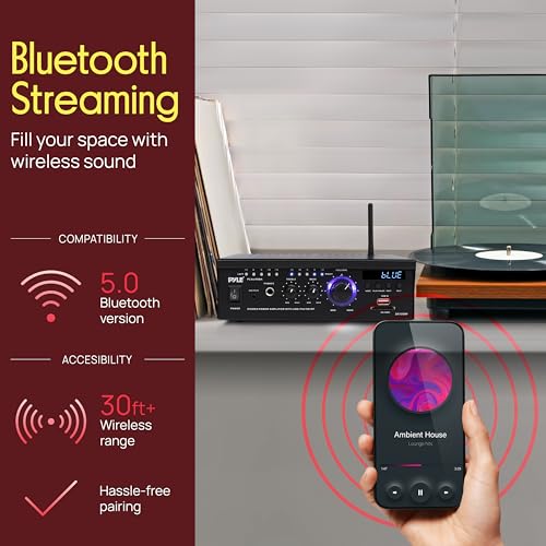 Pyle Bluetooth Computer Speaker Amplifier - 2x120 Watt Home Stereo Power Amplifier Home Audio Receiver System W/Blue Led Display, USB/SD, AUX, RCA, Headphone Jack - Remote - PCAU46BA.5