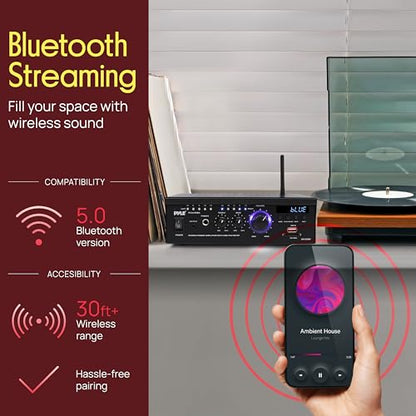 Pyle Bluetooth Computer Speaker Amplifier - 2x120 Watt Home Stereo Power Amplifier Home Audio Receiver System W/Blue Led Display, USB/SD, AUX, RCA, Headphone Jack - Remote - PCAU46BA.5