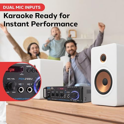 Pyle 200W Stereo Power Amplifier with Bluetooth - Dual Channel Audio Receiver - LED Display - RCA - USB - SD - MIC IN - FM Radio - AUX Input - Perfect for Home & Computer Audio - PDA29BU.5