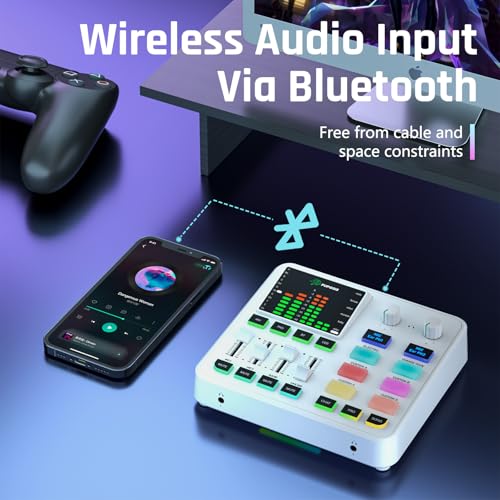 PUPGSIS Gaming Audio Mixer, Audio Interface for PC/Podcast/Streaming, Sound Board with 3.5mm/XLR Mic Input, 48V Phantom Power, Voice Changer, Live Sound Card with DJ Mixer Effects/Bluetooth(White) - color: White