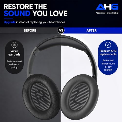 AHG QC45 Ear Pads Compatible with Bose QuietComfort 45 35 QC35 II QCSC QCSE | Easy DIY Fit | Premium Protein Leather | Extra Thick | Soft High-Density Foam - color: Black