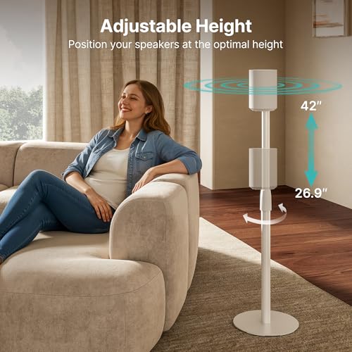 26.9"-42" Speaker Stands Pair Compatible with Sonos Era 100 and 300, 1 Pack | Height-Adjustable from 26.9"-42", Cable Management, 11lbs Capacity, White, 1 Pack - size: 1 Pack