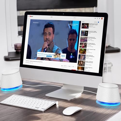 Sanyun SW102 Computer Speakers for Desktop PC Laptop, 2.0 USB Powered | Dual Passive Radiators, Punchy Bass, 3.5mm AUX for Audio, In-Line Volume Control, Plug and Play, Space-Saving (Pair, White) - color: White