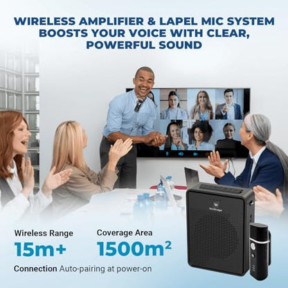 Wireless Voice Amplifier with Bluetooth Lavalier Microphone B006 | Noise Reduction Portable Microphone with Speaker, Mini Megaphone with Clip on/Lapel Mic for Teachers Classroom Tour Guide