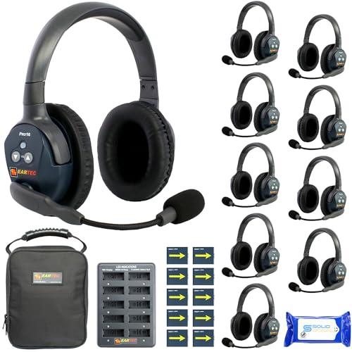 Eartec Ultralite PRO16 Wireless Intercom Headset System for 10 Users – Long Range 1/2 Mile, Hands-Free Full Duplex, 10-Hour Battery, Dual Ear, Expandable to 16 – with SolidSignal Cleaning Wipes - color: Dual, size: 10 x Dual
