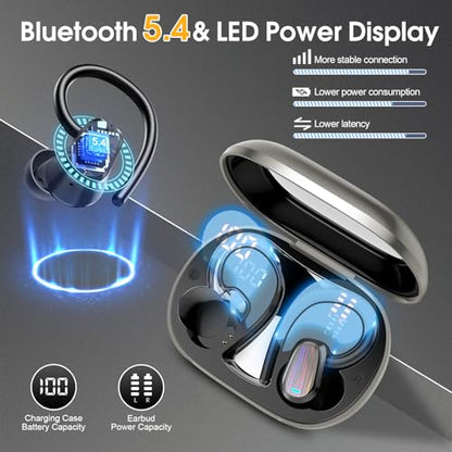 Jesebang Wireless Earbuds, Bluetooth 5.4 Headphones Sport, Over Ear Buds with ENC Noise Canceling Mic, Deep Bass Stereo Ear Buds with Hook, 50H Playback, LED Display, IP7 Earphones for Workout, Grey | 50H Playback, IP7 Waterproof Earphones for Workout Run