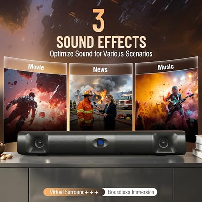 Sound Bar for Smart TV, 60W Deep Bass Soundbar with Clear Voice | Bluetooth 5.3/Optical/Auxiliary Inputs, Dual Bass Drivers, Surround Sound, Slim Wall Mount Design for TV/PC/Gaming/Projector