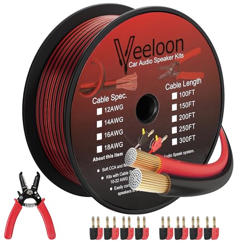14AWG Speaker Wire 200 FT, 14/2 Gauge Audio Speaker Wire Kits with Cable Cutter Banana Plugs Tool, Polarity Marker, 2 Conductors Zipper Wire for Car Speakers Stereo, Home Theater, Surround Sound,CCA - size: 200 FT, style: 14 AWG