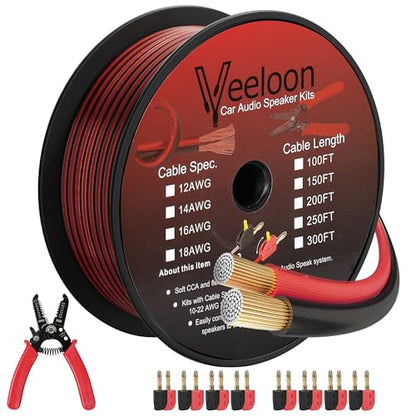 14AWG Speaker Wire 200 FT, 14/2 Gauge Audio Speaker Wire Kits with Cable Cutter Banana Plugs Tool, Polarity Marker, 2 Conductors Zipper Wire for Car Speakers Stereo, Home Theater, Surround Sound,CCA - size: 200 FT, style: 14 AWG