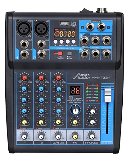 Audio2000'S AMX7321 Four-Channel Audio Mixer with USB Interface, DSP Processor, and Phontom Power - style: 4-Channel Mixer with Bluetooth & Sound Effect