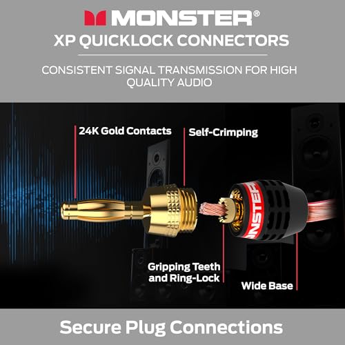 Monster XP QuickLock Banana Plugs for Speaker Wire, Self-Crimping Speaker Wire Connectors, 24K Gold-Plated Audio Connector Plugs, Color-Coded, 2 Pair (4 Plugs)