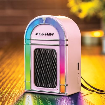 Crosley CR3046A-PI Mini Jukebox Portable Bluetooth Speaker, Pink | Bluetooth In, 5 Color-Changing Light Modes, LED Lights Sync with Music, Rechargeable Lithium-Ion Battery - color: Pink