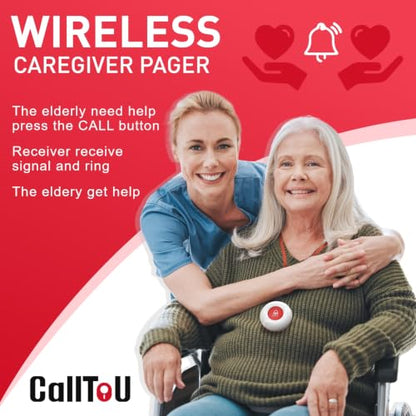 CallToU Caregiver Pager with 2 Wireless Call Button for Elderly at Home | Easy Use, Loud Whole-Home Alerts, 500+FT Through-Wall, Waterproof Call Bell Alert Buttons for Seniors/Elderly/Patients/Adults - color: white 2+2