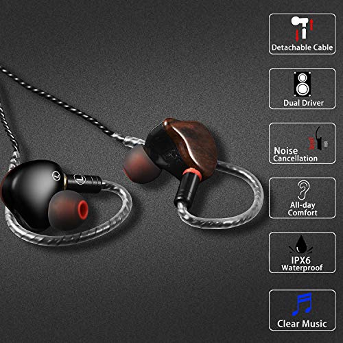 in Ear Monitor Headphones, HiFi Stereo IEM Earphones, Dynamic Dual Driver Wired Earbuds with Detachable Cable, Noise Canceling Headset for Singers Musicians Drummers Audiophile (Wood Grain) | HiFi IEM, Dual Dynamic Driver Wired Earbuds, Noise Canceling In