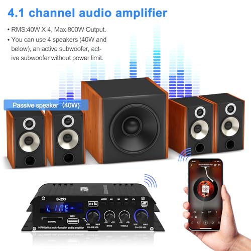 Audio Power Amplifier for Home Speakers -S-299 Bluetooth 5.0 Power Amp | 4.1 Channel RMS 40Wx4 Subwoofer AMP DC 12V/5A Mini Integrated Digital Amplifier with USB/SD & AUX Jack - color: S-299(4.1CH 40W*4 +50W RMS)