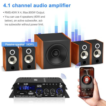 Audio Power Amplifier for Home Speakers -S-299 Bluetooth 5.0 Power Amp | 4.1 Channel RMS 40Wx4 Subwoofer AMP DC 12V/5A Mini Integrated Digital Amplifier with USB/SD & AUX Jack - color: S-299(4.1CH 40W*4 +50W RMS)