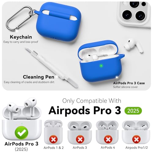 for AirPods Pro 3 Case 2025,Come with Cleaner Kit,Blue | Silicone Protective Cover for Airpod Pro 3rd Generation Case with Keychain,for Women Men,One-Piece Design,Shockproof - color: C-Blue
