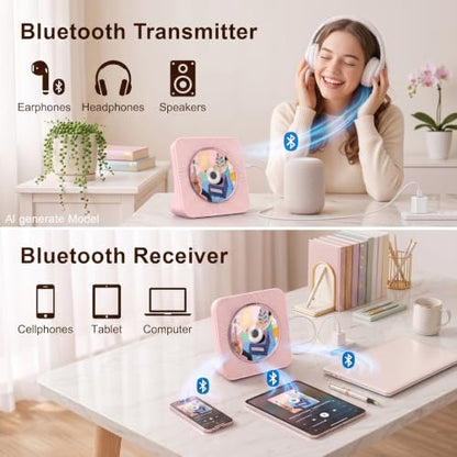 Gueray Portable CD Player with Bluetooth for Home, Hi-Fi Speaker,FM Radio | Plug-in desktop use,2-way Bluetooth mode, 3W speakers,Remote control,sleep timer, A-B repeat,USB/AUX,headphone jack - color: Pink