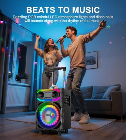 Karaoke Machine for Adults with 2 Wireless Microphones, BT PA System with Disco Ball LED Lights, Rolling Wheels, Tablet Holder, Remote Control, Support TWS/USB/AUX/TF/REC/FM for Home Parties