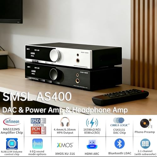 SMSL AS400 DAC Headphone Amplifier 165W×2 Class D Amplifier | 2.1 Channel Speaker/Subwoofer(Preamp) 6.35/4.4mm Headphone Output USB/Opt/Coax/HDMI ARC/RCA/Phono Input(Black)