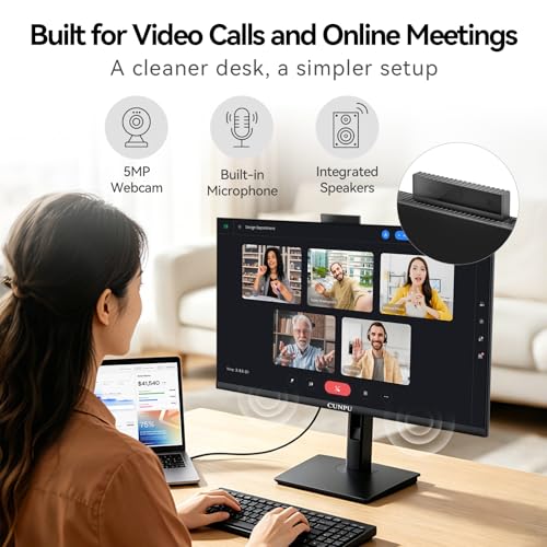 CUNPU 27 Inch Monitor with Camera, Computer Monitor with Built-in 5MP 2K Webcam and Stereo Mic & Speakers, QHD 1440P Vertical Monitor for Video Conferencing, HDMI, DP1.4 Port, Swivel Pivot Adjustable