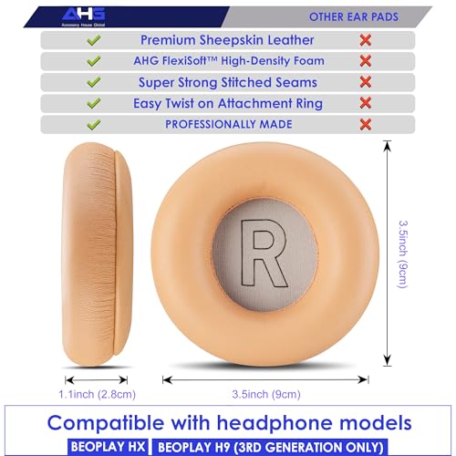 AHG Accessory House Global Ear Pads Cushions Compatible with Bang & Olufsen Beoplay H9 3rd Gen (Not Compatible with H9 / H9i) and Beoplay HX Headphones (Tan). Premium Sheepskin Leather - color: Tan
